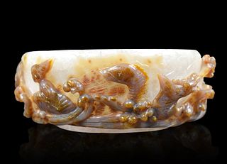 Chinese Agate Carved Washer w/Sea Creatures,Qing D
