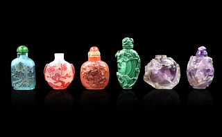 6 Chinese Snuff Bottles: Amethyst,Malachit & Glass