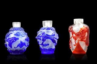 3 Chinese Peking Glass Snuff Bottles, Dragon & Bat