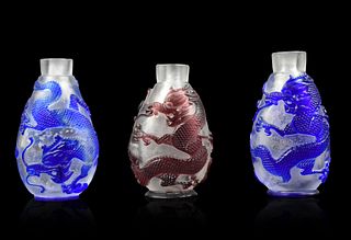 3 Chinese Peking Glass Dragon Snuff Bottles