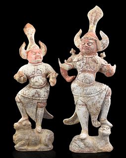 2 Chinese Pottery Tomb Guardian Figures, Tang Dyna