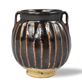 Small Chinese Black Glaze Ribbed Jar,Yuan Dynasty