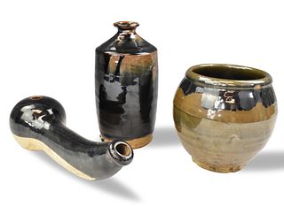 3 Chinese Black Glazed Vase &Oil Lamp,Qing Dynasty