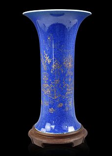 Large Chinese Gilt Powder Blue Gu Vase, 18th C.