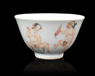 Chinese Grisaille Wine Cup w/ Erotic Scene,18th C.
