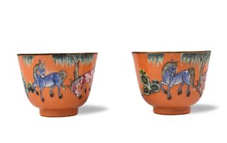 Pair Chinese Coral Ground Famille Rose Cups,19th C