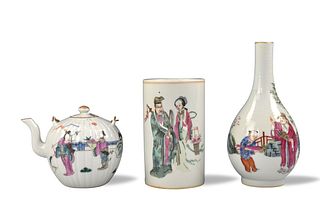 3 Chinese Famille Rose Brushpot,Vase&Teapot,19th C