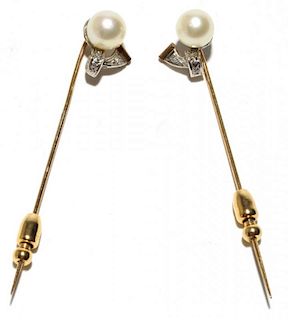 Pair of 10K Gold, Pearl, & Diamond Stick Pins