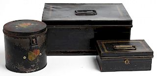 3 Black-Painted Toleware Document Boxes