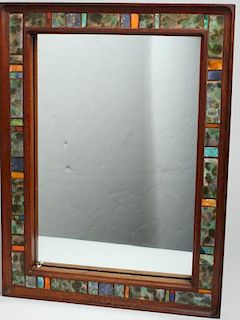 Contemporary Enamel Tile-Inlaid Oak Wall Mirror