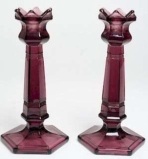 Pair of Aubergine Pressed Glass Candlesticks