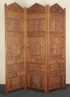 Moorish or Indian Wooden 3-Panel Folding Screen