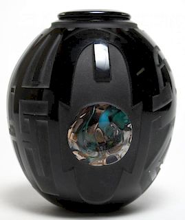 James Parsons Etched Black Art Glass Vase
