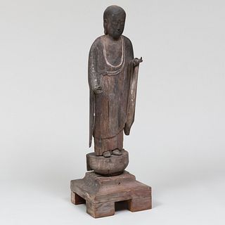 Japanese Carved Wood Figure of a Monk