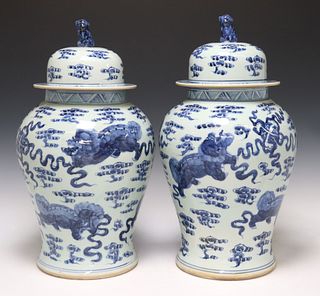(2) LARGE CHINESE BLUE & WHITE PORCELAIN VASES & COVERS, 20"H