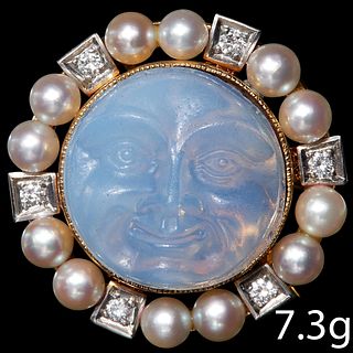 ANTIQUE MAN IN THE MOON DIAMOND AND PEARL BROOCH