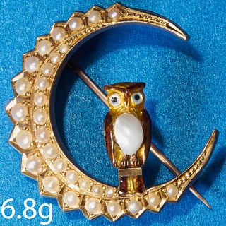 ANTIQUE PEARL AND ENAMEL OWL IN CRESCENT BROOCH,