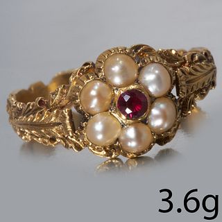 ANTIQUE RUBY AND PEARL CLUSTER RING,