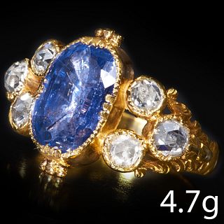 ANTIQUE SAPPHIRE AND ROSE CUT DIAMOND RING.