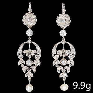 PAIR OF ANTIQUE DIAMOND AND PEARL DROP EARRINGS