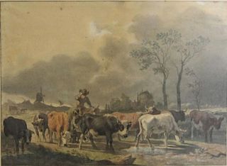19th C. Dutch Watercolor on Paper of Cows in