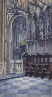 BRITISH SCHOOL WATERCOLOR PAINTING INTERIOR OF WINCHESTER CATHEDRAL