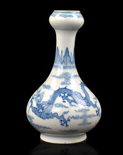 Chinese Blue&White Dragon Garlic Mouth Vase,18th C