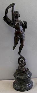 Unsigned Bronze Figure Atop Wheel on Marble Base.