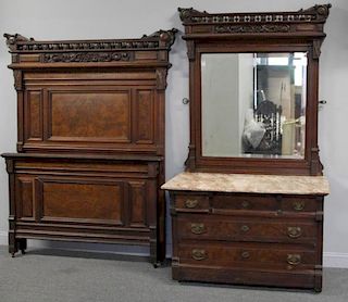 Victorian Walnut M/T Dresser and High Back Bed.