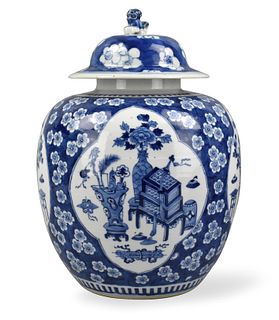 Chinese Blue & White Prunus Jar w/ Antiques,19th C