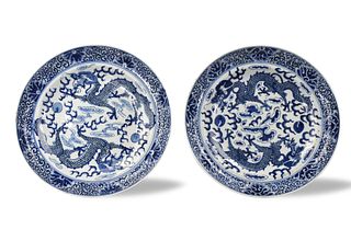 Pair of Chinese Blue & White Dragon Plates, 19th C