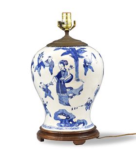Chinese Blue & White Vase w/ Figure, 19th C.
