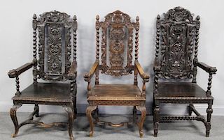 3 Similar Highly Carved High Back Armchairs.