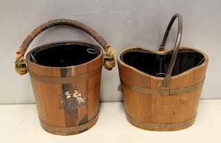 Two Antique Wooden English Oak Battle Ship Buckets