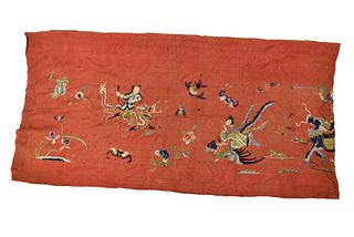 Chinese Red Silk Embroidery Panel, Qing Dynasty