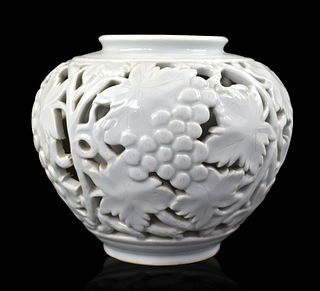 Korean White Glazed Jar w/ Grape, 19/20th C.