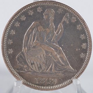 1869 SEATED LIBERTY US HALF DOLLAR AU55