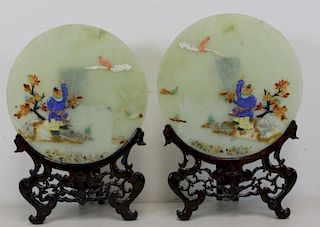 2 Vintage Jade Discs with Hard Stone Decoration.