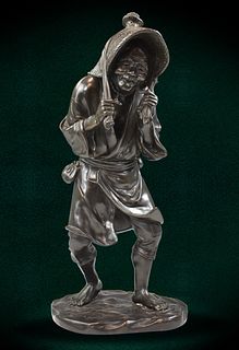 Japanese Bronze Cast Farmer Figure, Meiji Period
