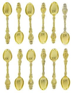 A Set of Twelve American Silver-Gilt Demitasse Spoons, Gorham Mfg. Co., Providence, RI, 20th Century, Virginiana pattern
