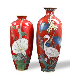 2 Japanese Red Enamel Cloisonne Vase,Meiji Period