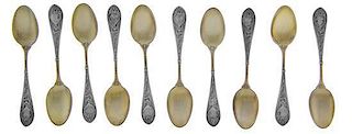 A Set of Ten American Silver Demitasse Spoons, Gorham Mfg. Co., Providence, RI, Late 19th Century, Raphael pattern, with gilt bo