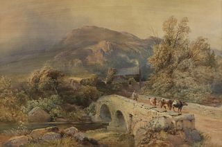 D.H. McKEWAN (1816-1873) WATERCOLOR LAKE DISTRICT BRIDGE WITH CATTLE