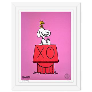 Mr. Andre (Andre Saraiva), "Snoopy & Woodstock on Red House (Pink)" Framed Limited Edition Silkscreen, Numbered and Hand Signed with Certificate of Au