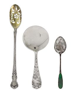 Three Silver Small Serving Spoons, Various Makers, Late 19th /Early 20th Century, comprising 1 parcel-gilt olive spoon, Cambridg