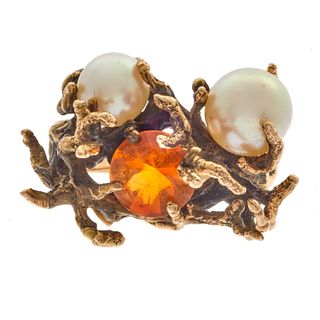 Fire Opal, Cultured Pearl, 14k Yellow Gold Ring