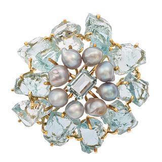 Aquamarine, Cultured Pearl, 18k Pin