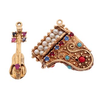 Collection of Two Multi-Stone, Glass, 14k Musical Instruments Charms
