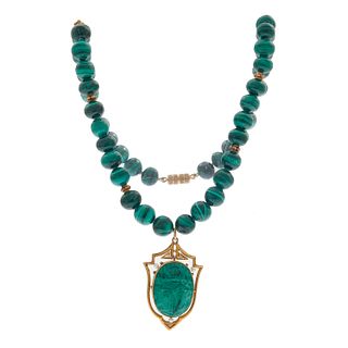 Egyptian Revival Style, Malachite, Seed Pearl, 14k Necklace