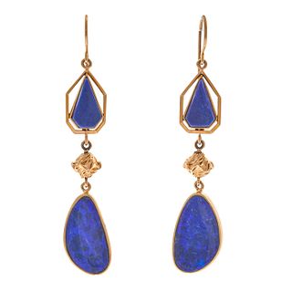 Pair of Boulder Opal, Lapis Lazuli, 14k Yellow Gold Earrings